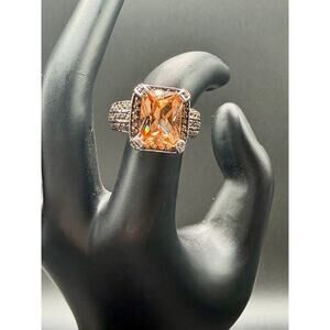Sterling Silver Cushion-Cut Orange CZ Ring with Pave Band – Size 7